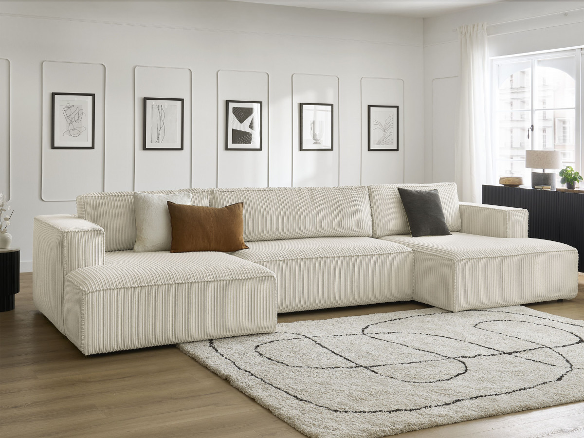 Canapé panoramique convertible coffre NINA velours côtelé beige   BOBOCHIC 5 places