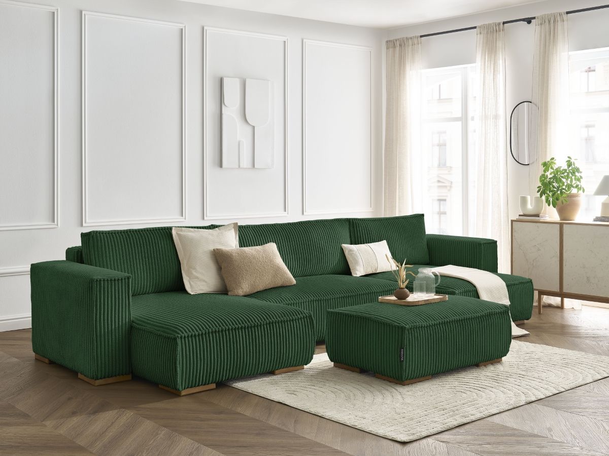 Canapé panoramique convertible coffre CHELSEA gros côtelé doux avec pouf vert   BOBOCHIC 5 places