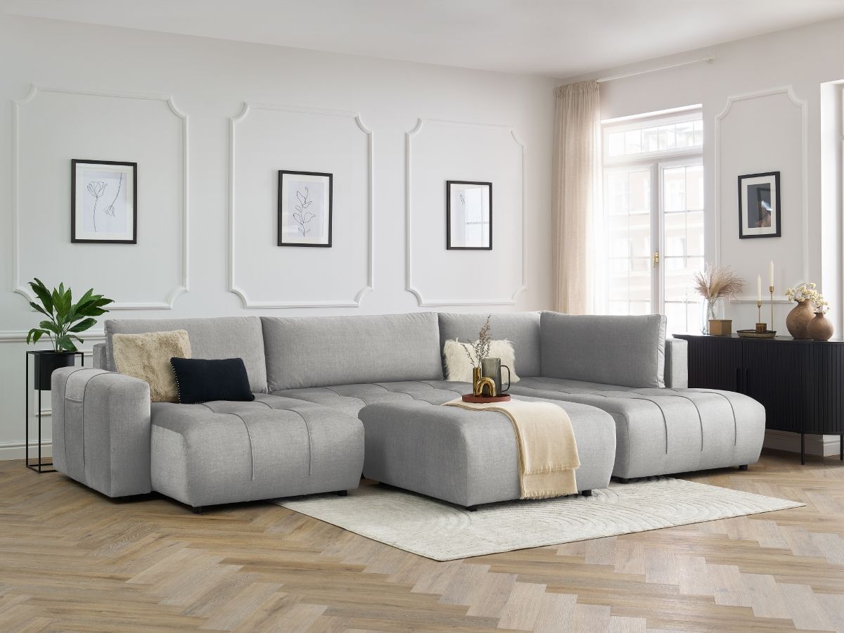 Canapé panoramique convertible coffre ARSENE tissu velours avec pouf gris clair  angle gauche BOBOCHIC 6 places