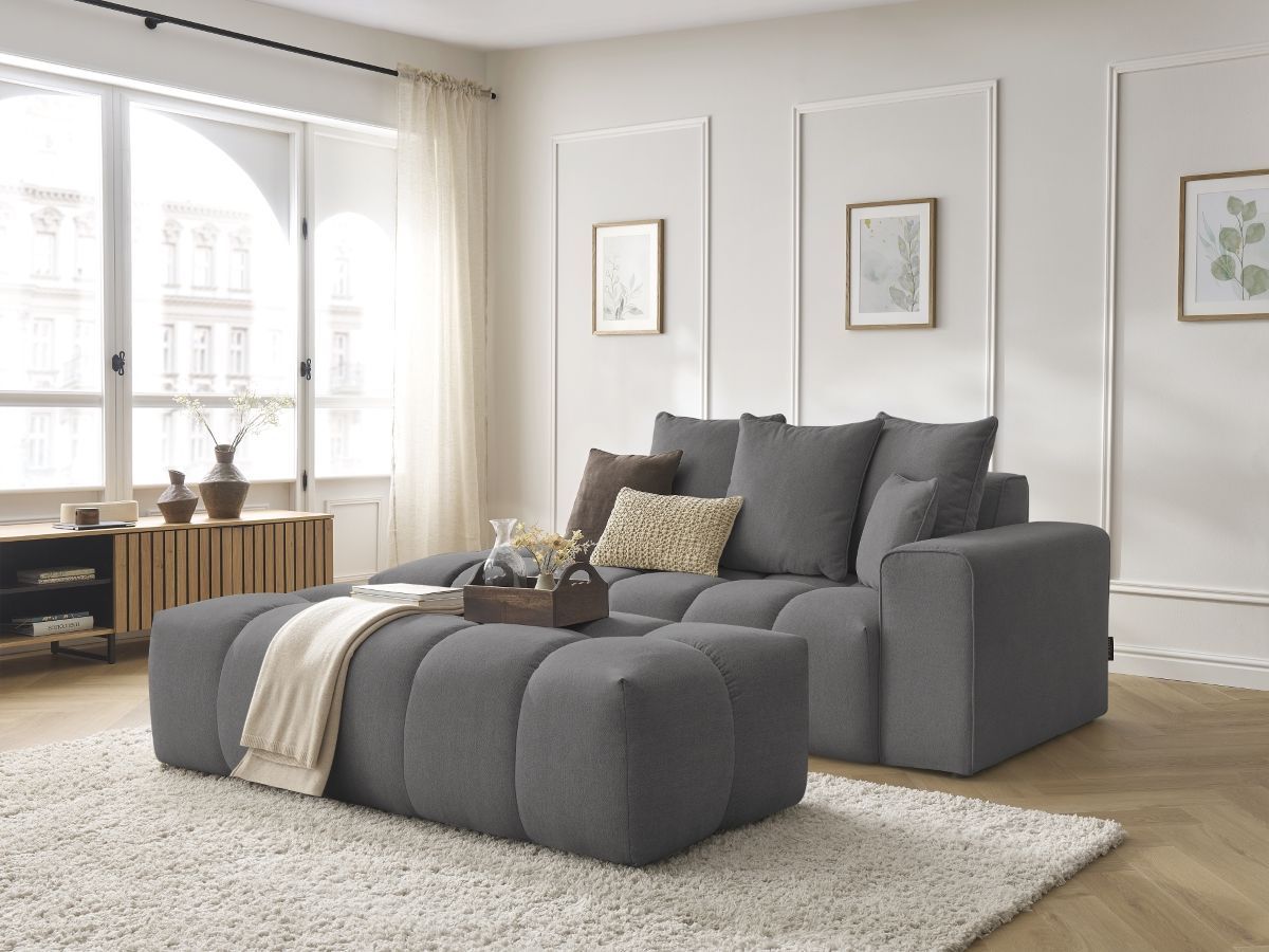 Canapé droit fixe MONT-BLANC tissu chiné avec pouf gris foncé  accoudoir droit BOBOCHIC 5 places