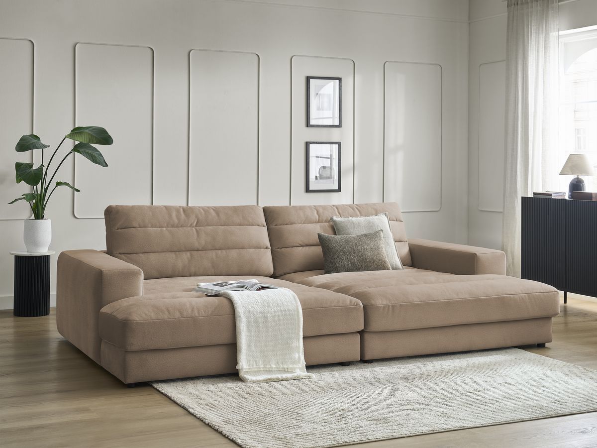 Canapé droit fixe 4 places SIERRA assise profonde velours taupe   BOBOCHIC