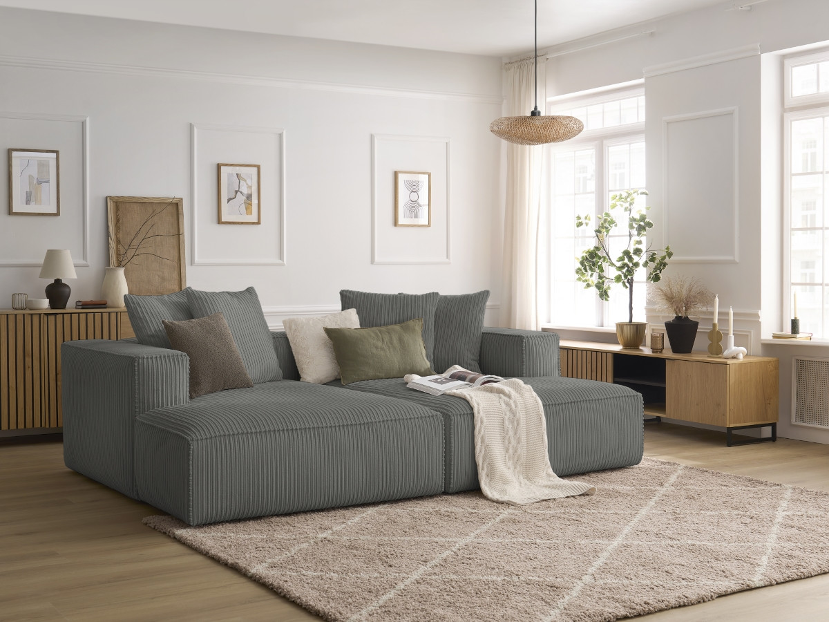 Canapé droit fixe 4 places NINA assise profonde velours côtelé gris foncé   BOBOCHIC