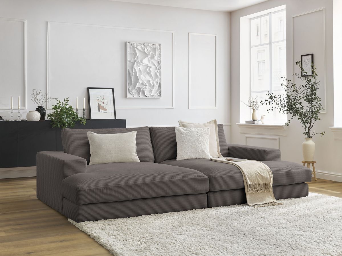 Canapé droit fixe 4 places compact LEONARD assise profonde velours côtelé marron   BOBOCHIC