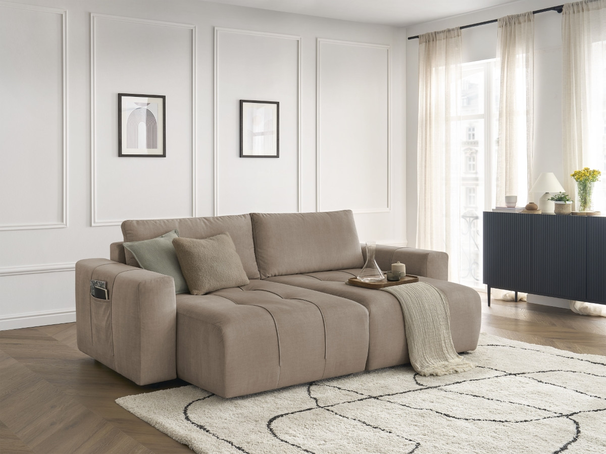 Canapé droit fixe 4 places ARSENE assise profonde velours taupe   BOBOCHIC
