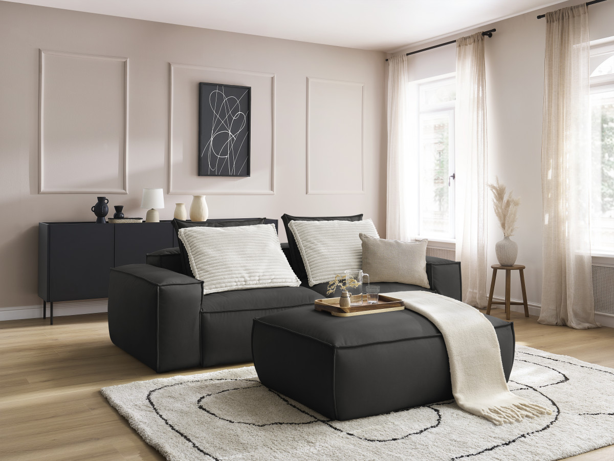 Canapé droit fixe 3 places ultra moelleux BOHEME cuir végan avec pouf noir   BOBOCHIC