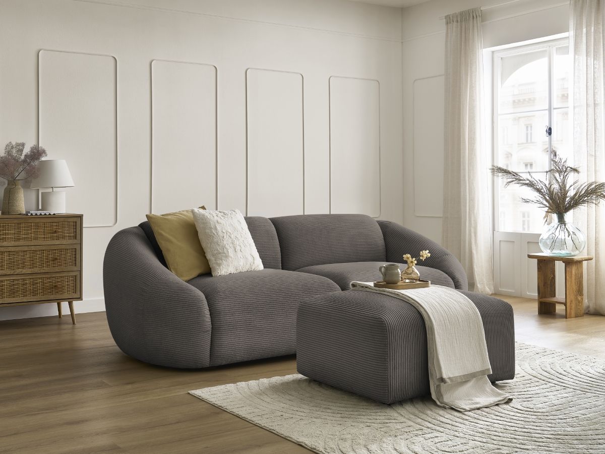 Canapé droit fixe 3 places TINA velours côtelé avec pouf taupe   BOBOCHIC