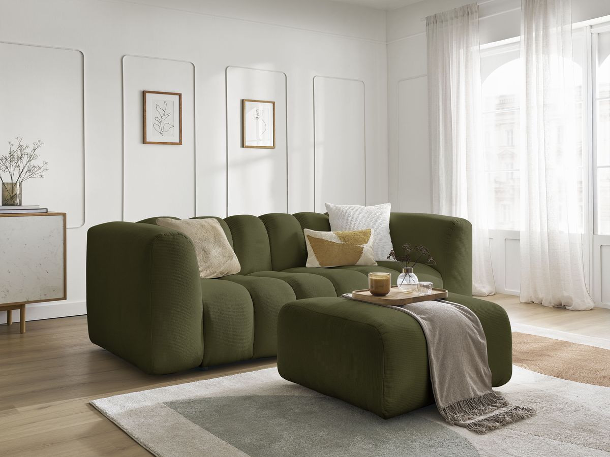Canapé droit fixe 3 places TALIA tissu chiné avec pouf vert   BOBOCHIC