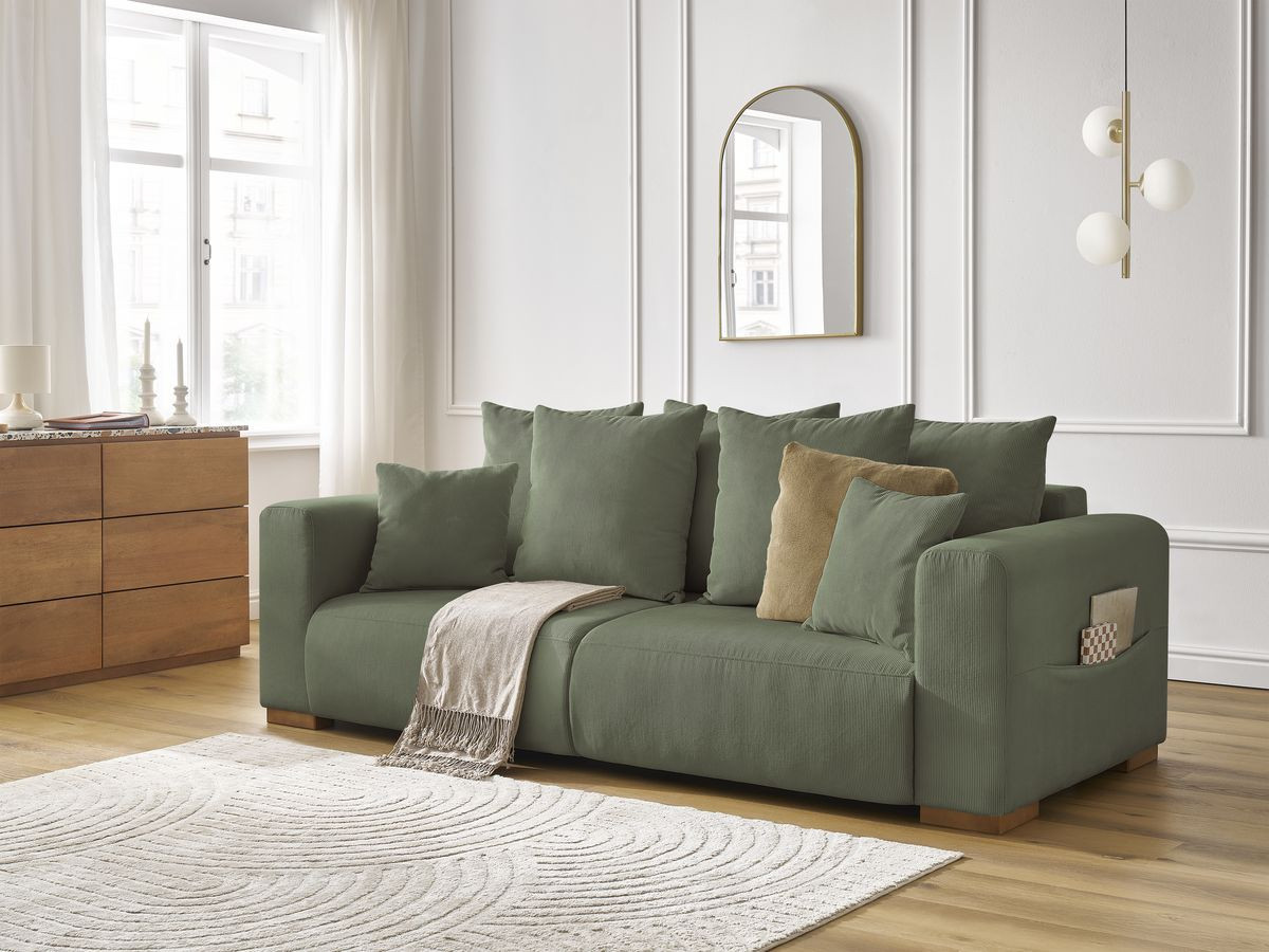 Canapé droit fixe 3 places SIDONIE velours côtelé vert   BOBOCHIC