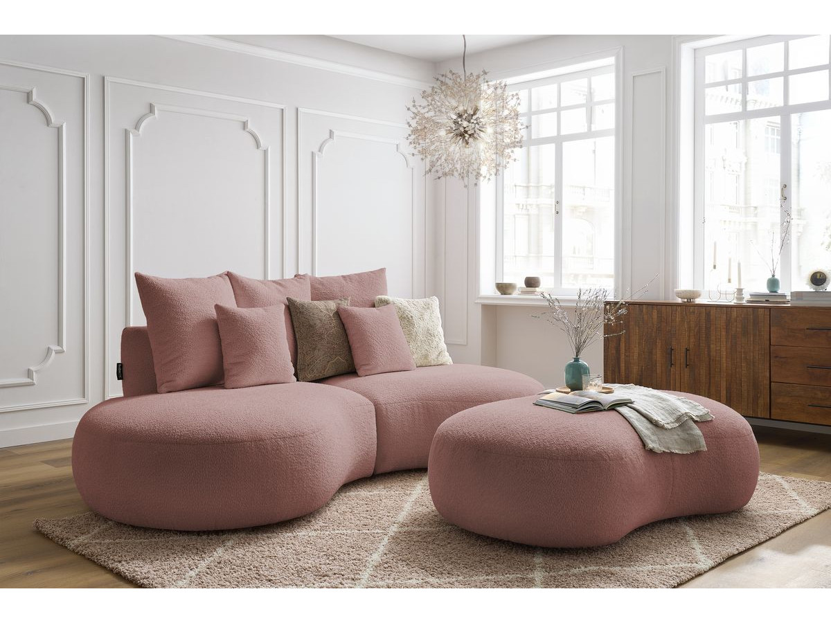 Canapé droit fixe 3 places SAINT-GERMAIN tissu bouclette avec pouf rose   BOBOCHIC