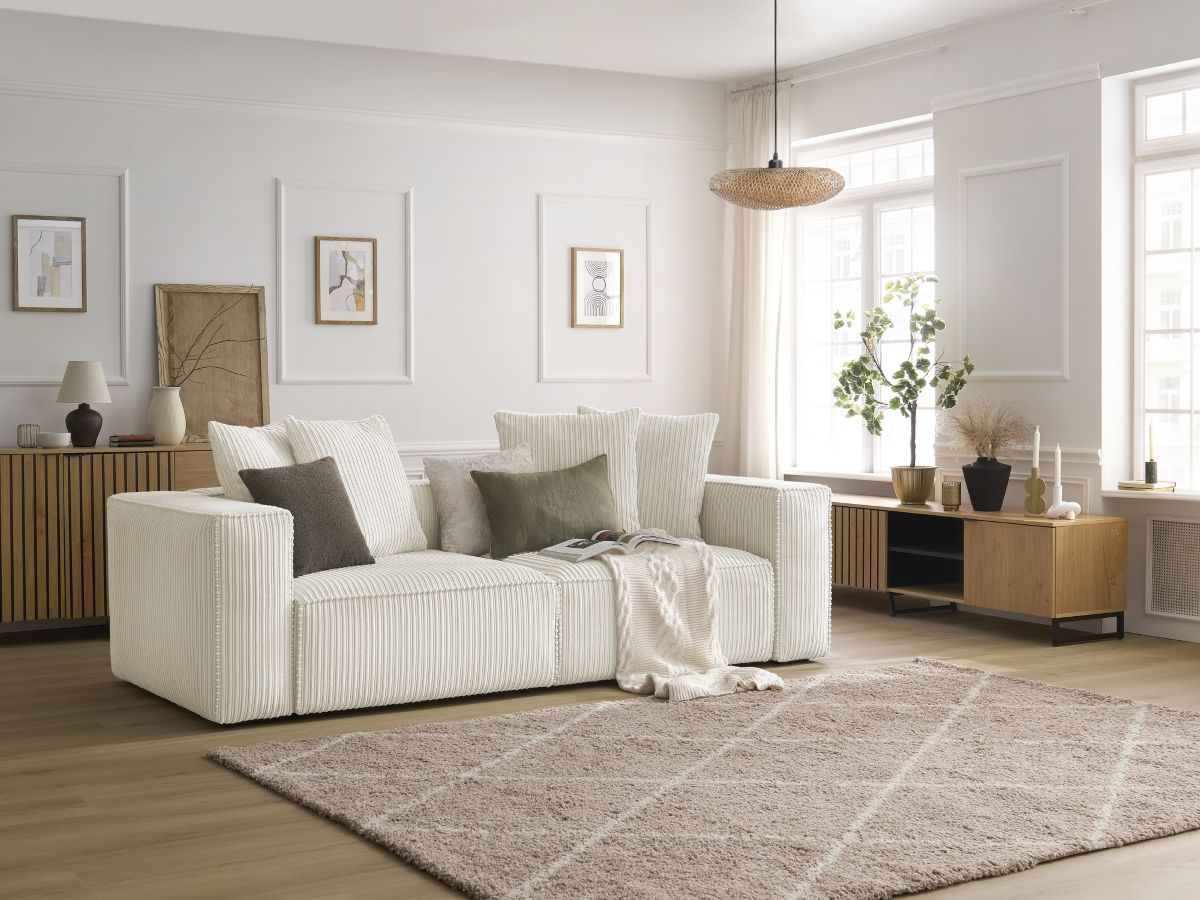 Canapé droit fixe 3 places NINA velours côtelé beige   BOBOCHIC