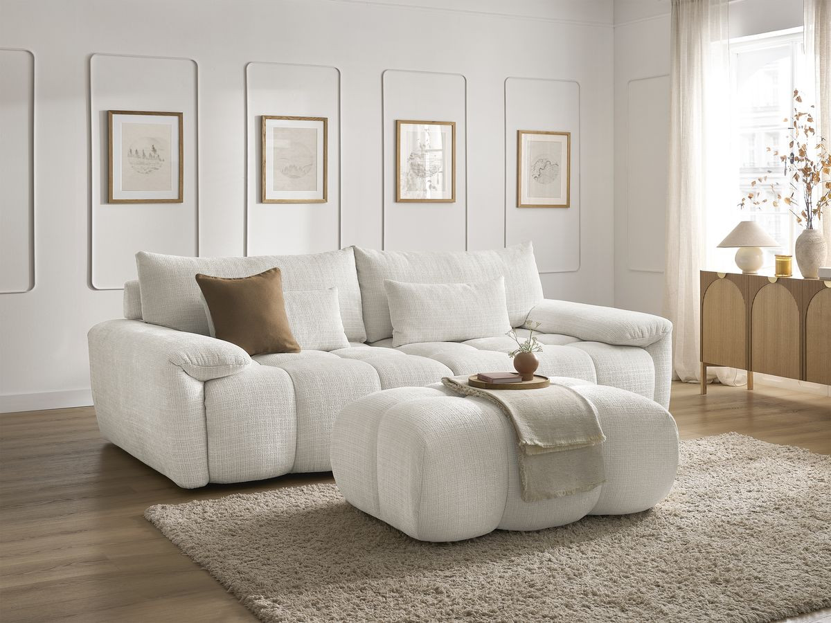 Canapé droit fixe 3 places IVANE tissu texturé avec pouf blanc   BOBOCHIC