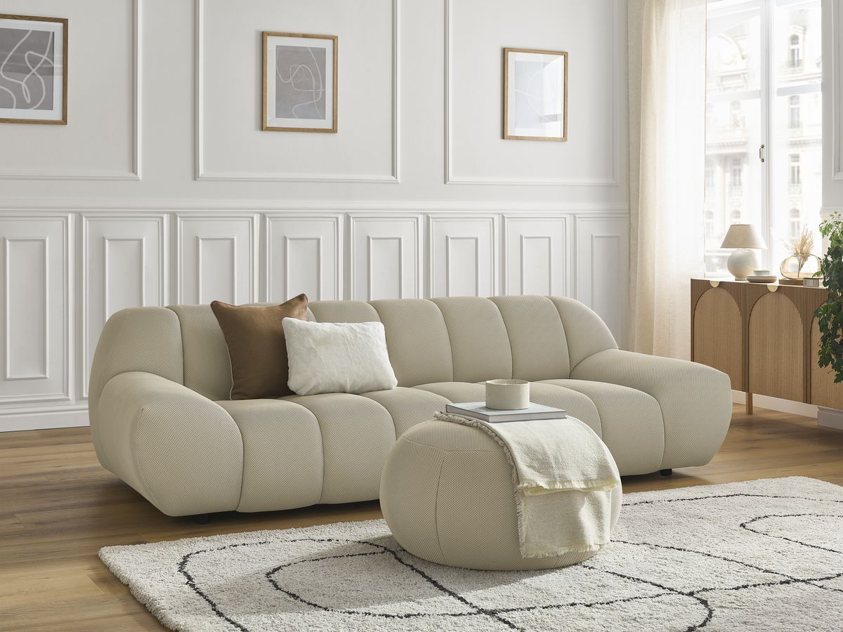Canapé droit fixe 3 places HAYDEN tissu mesh avec pouf grand beige   BOBOCHIC