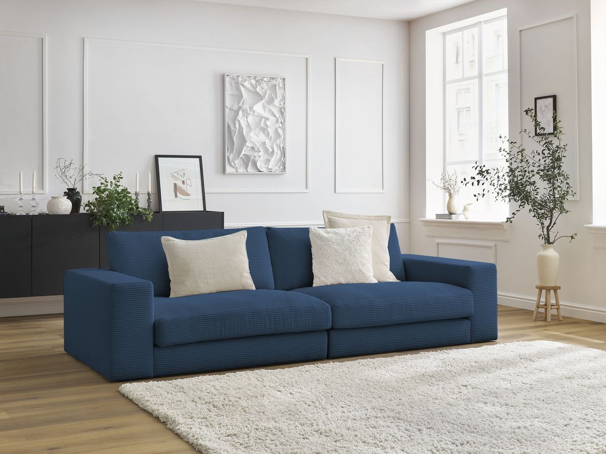 Canapé droit fixe 3 places compact LEONARD velours côtelé bleu foncé   BOBOCHIC