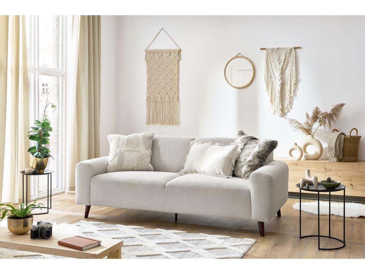 Canapé droit fixe 3 places BASTILLE tissu bouclette doux beige   BOBOCHIC