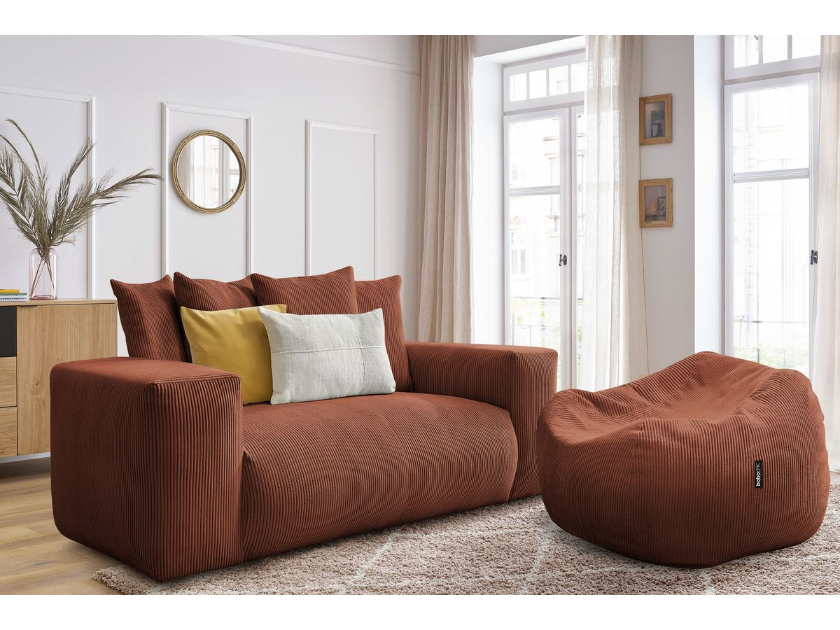Canapé droit fixe 2 places VOLTAIRE avec pouf orange   BOBOCHIC