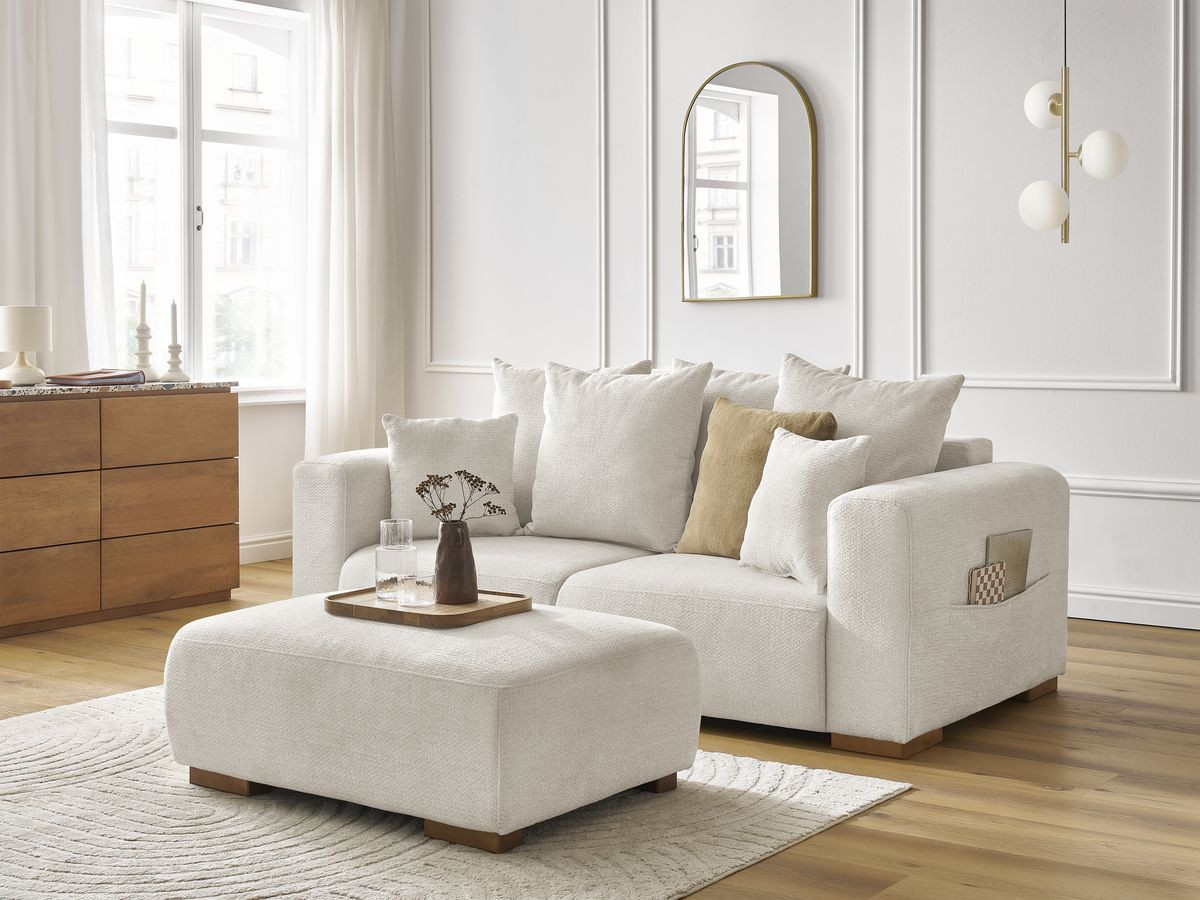 Canapé droit fixe 2 places SIDONIE tissu chiné avec pouf beige   BOBOCHIC