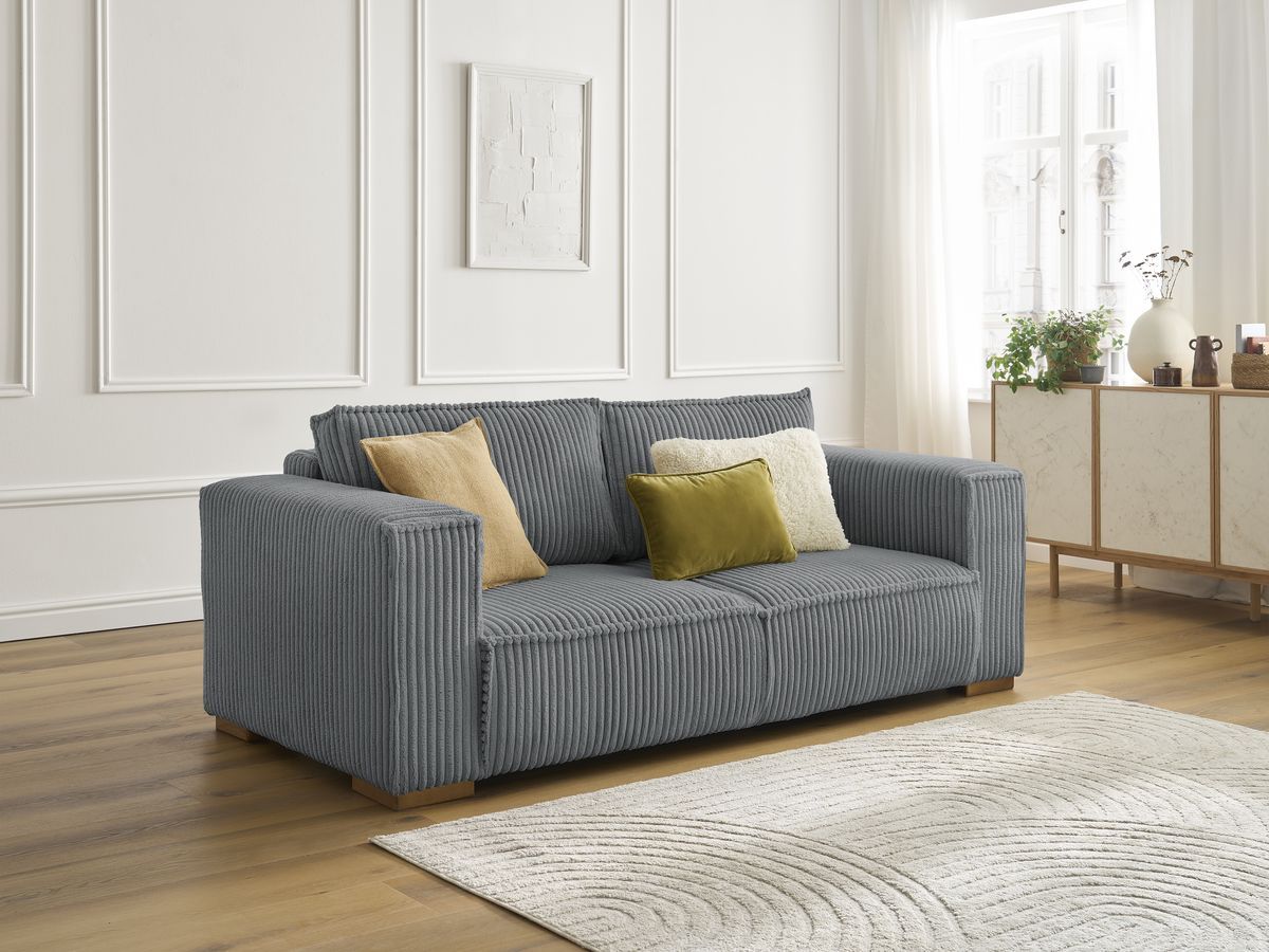 Canapé droit fixe 2 places CHELSEA gros côtelé doux gris foncé   BOBOCHIC