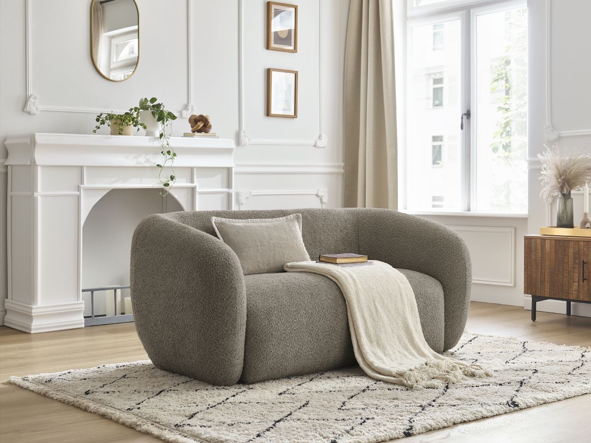 Canapé droit fixe 2 places CELINE tissu bouclette taupe   BOBOCHIC