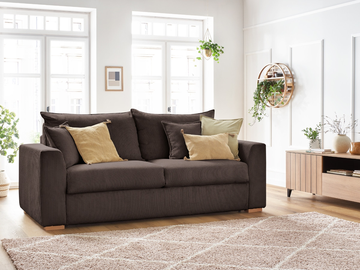 Canapé droit convertible ouverture express AUGUSTIN velours côtelé marron 160x200  BOBOCHIC 3 places