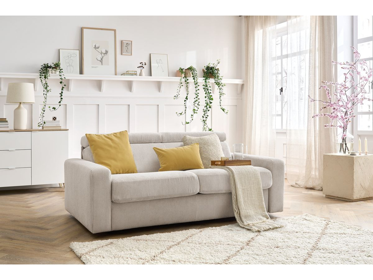 Canapé droit convertible MONACO ouverture express velours côtelé beige 160x190  BOBOCHIC 3 places