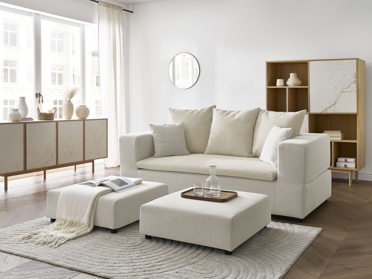 Canapé droit convertible LEANDRE bi matière avec deux poufs beige   BOBOCHIC 4 places