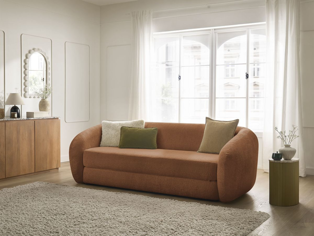 Canapé droit convertible déplimousse NEYO tissu texturé orange   BOBOCHIC 3 places