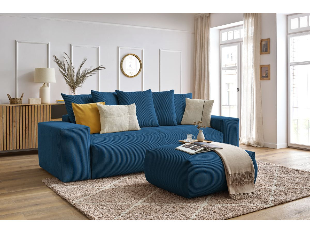 Canapé droit convertible coffre VOLTAIRE avec pouf bleu foncé   BOBOCHIC 4 places