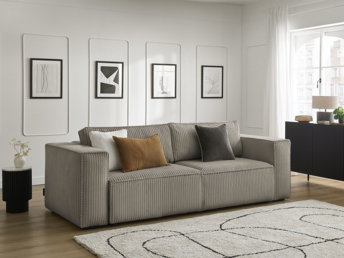 Canapé droit convertible coffre NINA velours côtelé taupe   BOBOCHIC 3 places