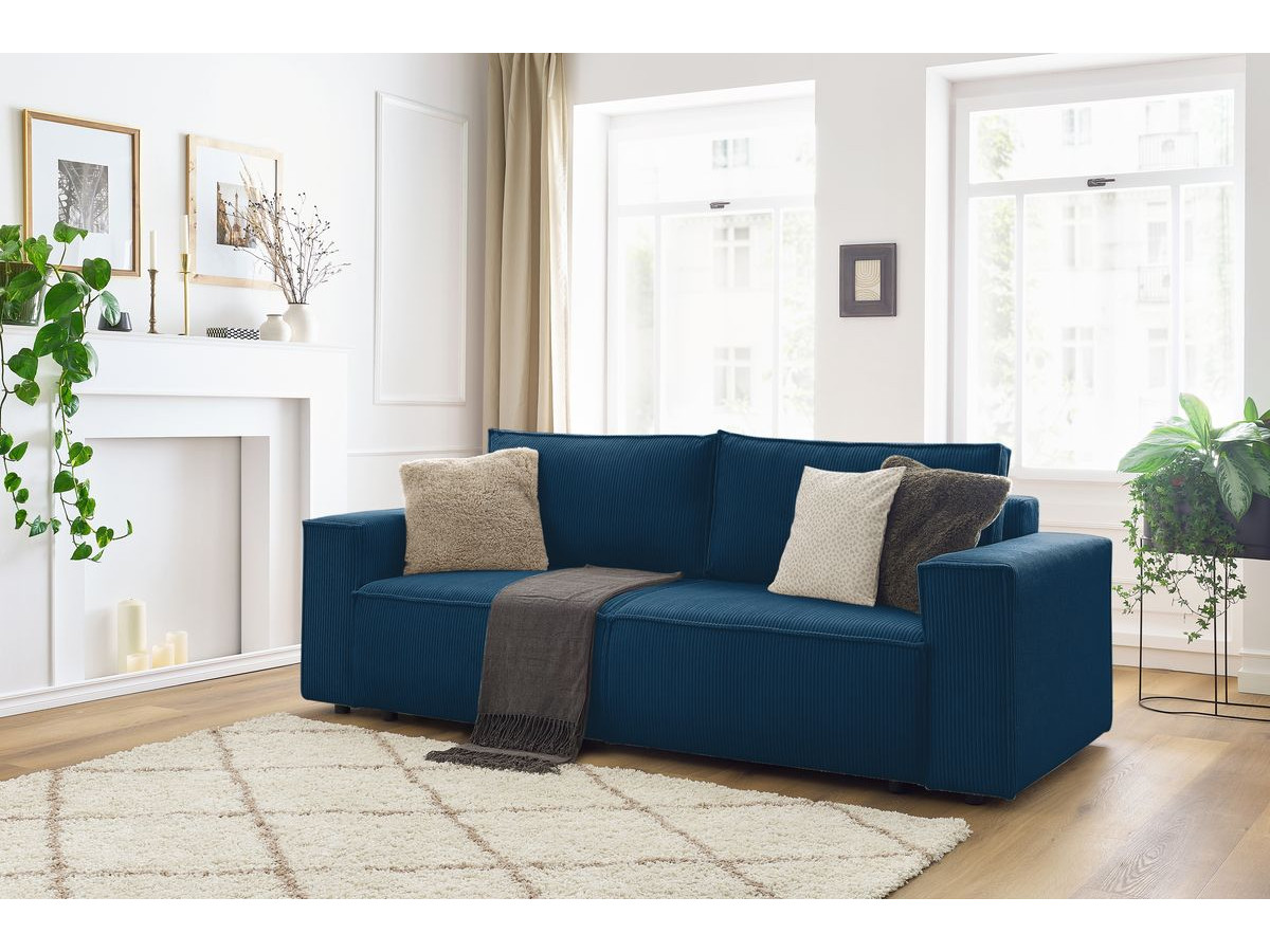 Canapé droit convertible coffre NIHAD velours côtelé bleu foncé   BOBOCHIC 3 places