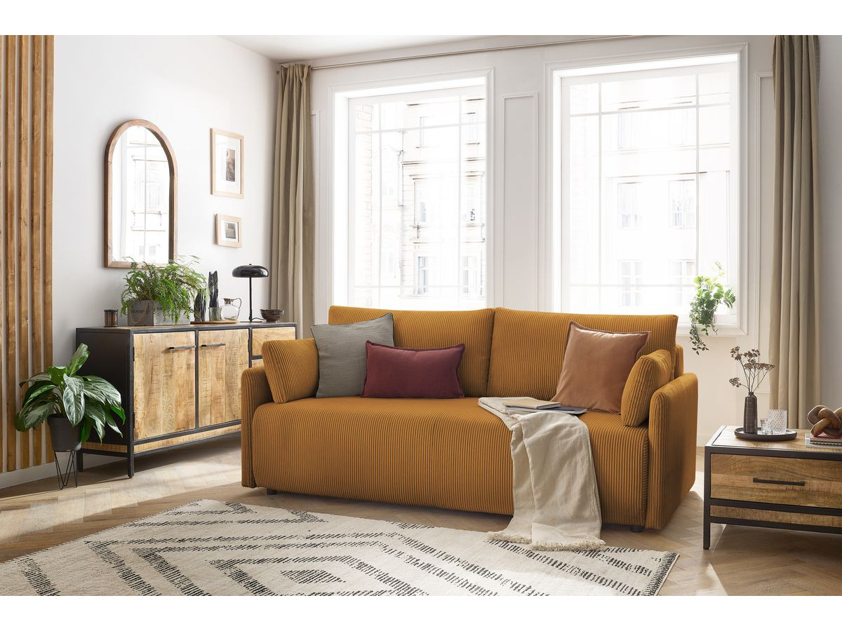 Canapé droit convertible coffre MARCEL velours côtelé jaune   BOBOCHIC 3 places