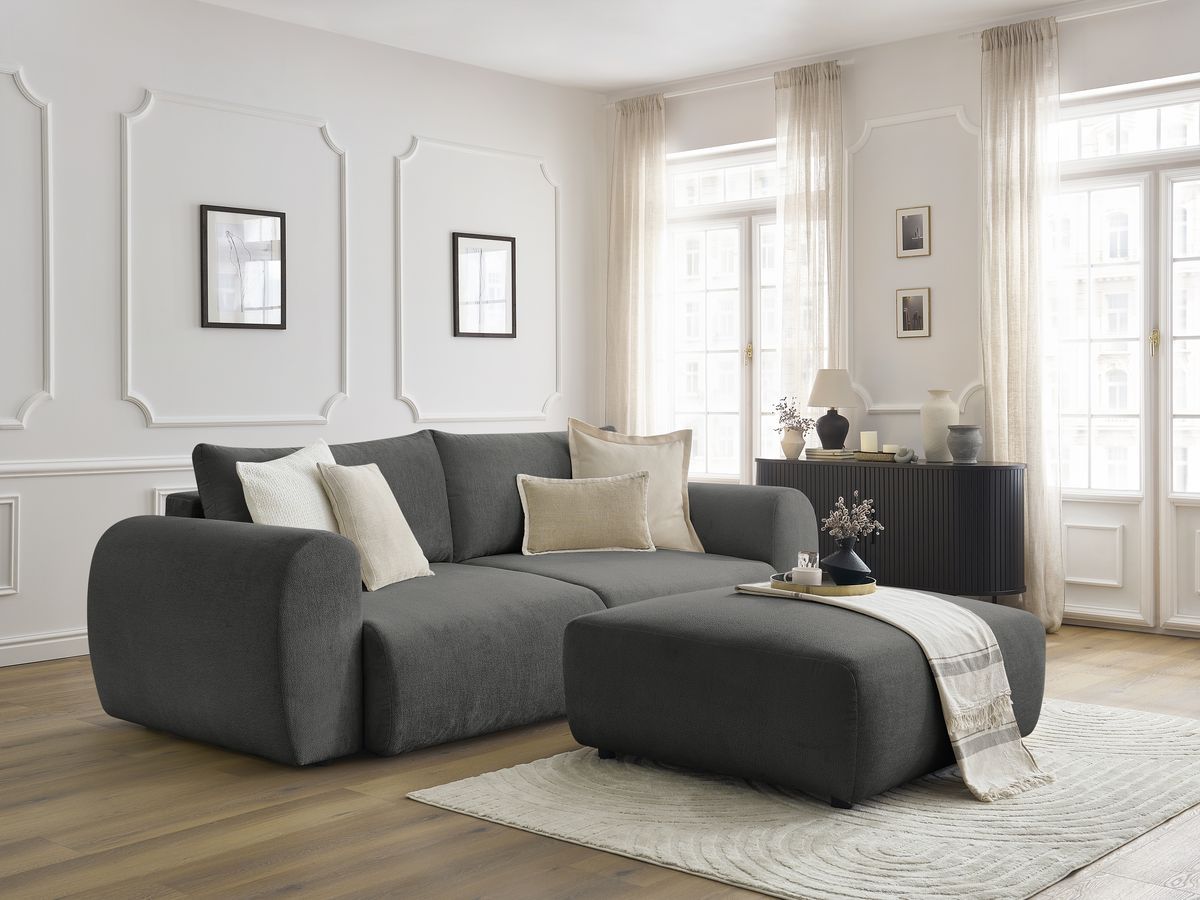 Canapé droit convertible coffre LUCIEN tissu lisse avec pouf gris foncé   BOBOCHIC 4 places
