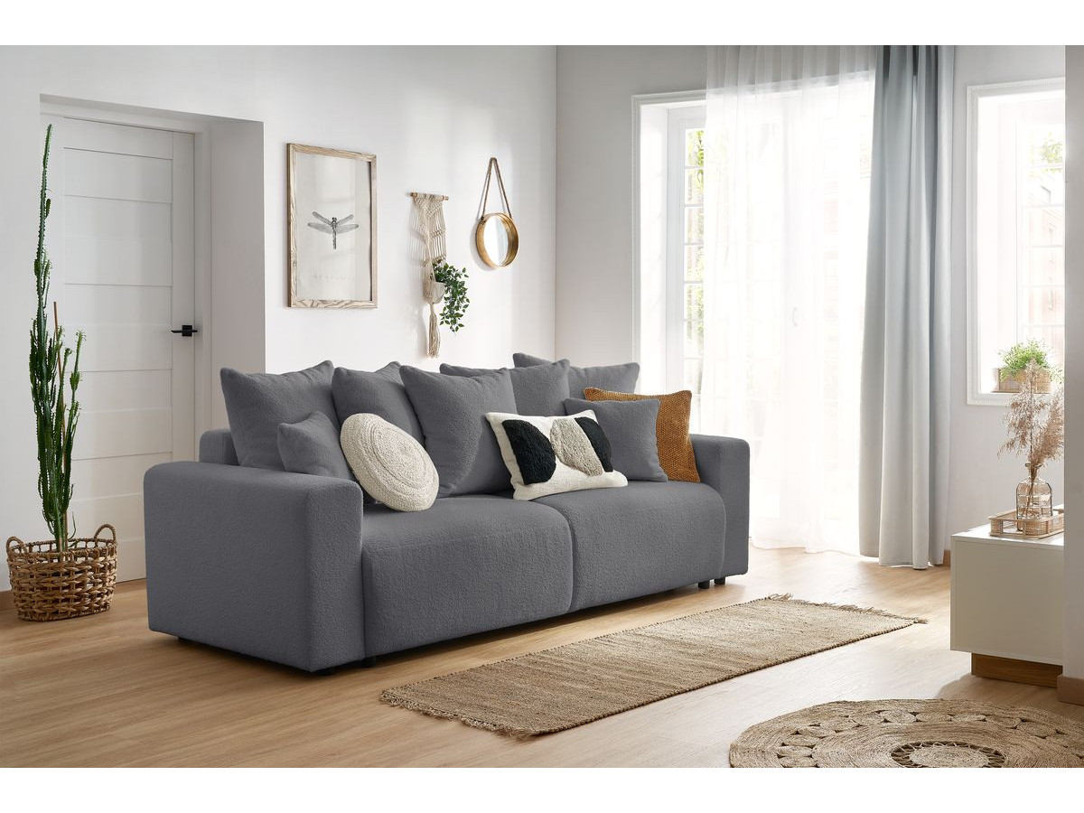 Canapé droit convertible coffre ENVY tissu bouclette doux gris foncé   BOBOCHIC 3 places