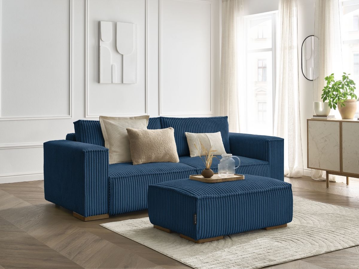 Canapé droit convertible coffre CHELSEA gros côtelé doux avec pouf bleu foncé   BOBOCHIC 4 places