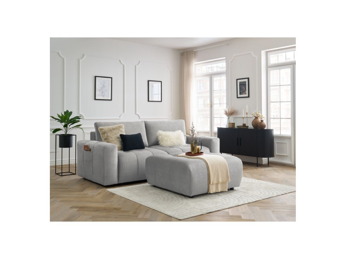 Canapé droit convertible coffre ARSENE tissu velours avec pouf gris clair   BOBOCHIC 4 places