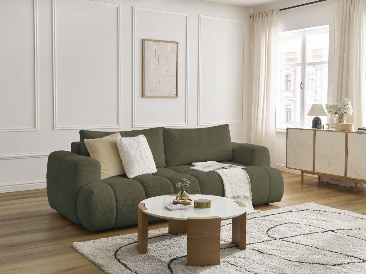 Canapé droit convertible 3 places FUJI tissu bouclette vert   BOBOCHIC