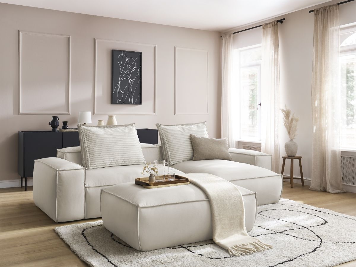 Canapé d'angle réversible ultra moelleux BOHEME cuir végan avec pouf beige   BOBOCHIC 4 places