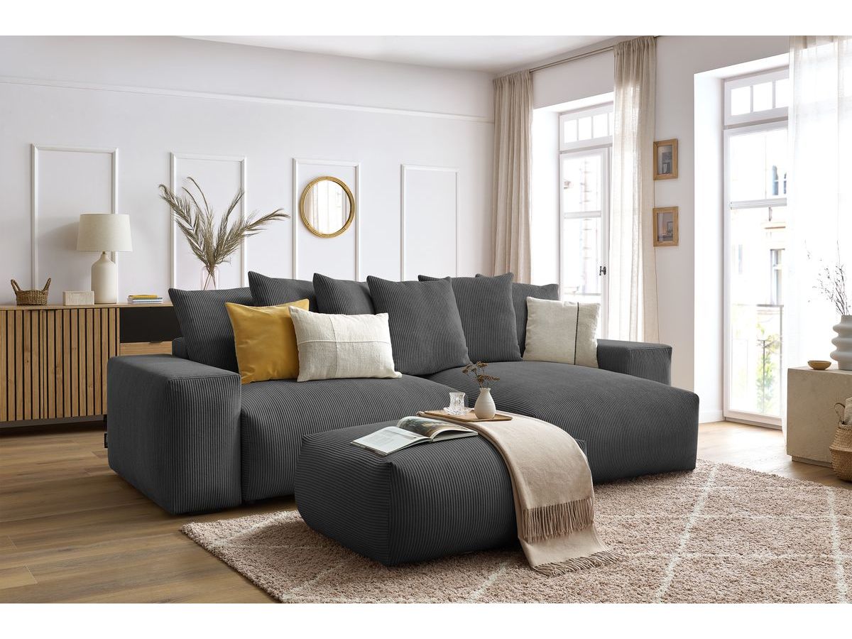 Canapé d'angle réversible convertible coffre VOLTAIRE avec pouf gris foncé  réversible BOBOCHIC 5 places
