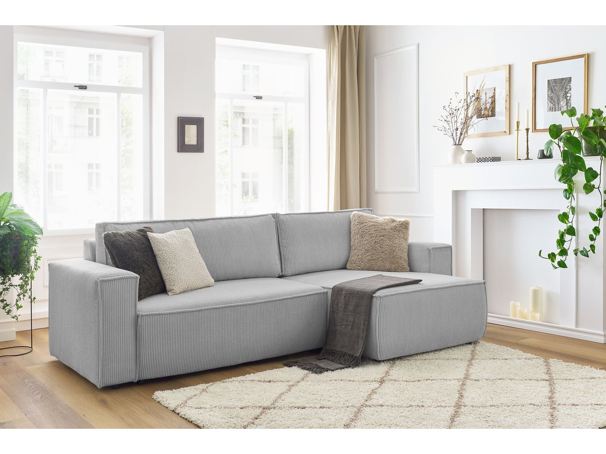 Canapé d'angle réversible convertible coffre NIHAD velours côtelé gris clair   BOBOCHIC 3 places