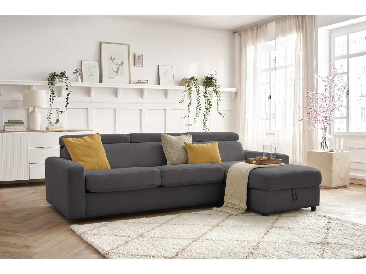 Canapé d'angle réversible convertible coffre MONACO tissu lisse gris foncé 160x190 réversible BOBOCHIC 3 places