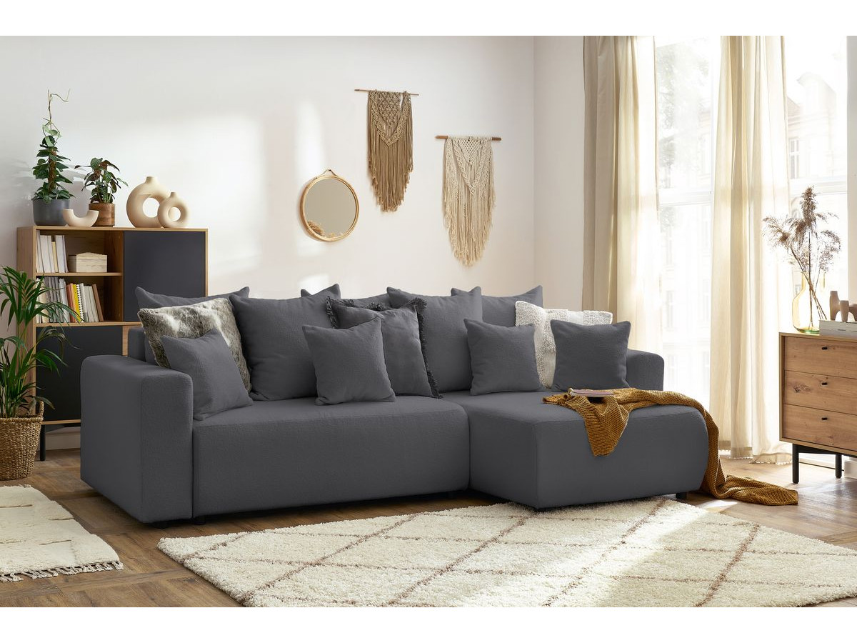 Canapé d'angle réversible convertible coffre ENVY tissu bouclette doux gris foncé   BOBOCHIC 5 places