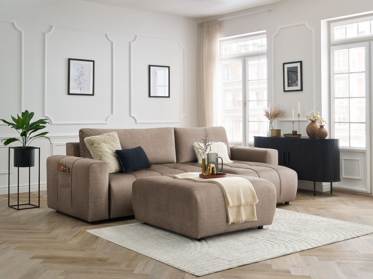 Canapé d'angle réversible convertible coffre ARSENE tissu velours avec pouf taupe   BOBOCHIC 4 places