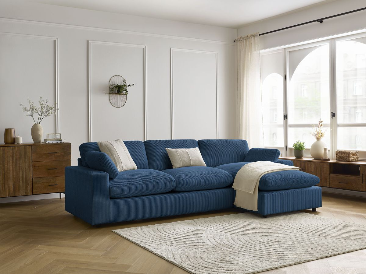 Canapé d'angle réversible BELAIR velours côtelé bleu foncé   BOBOCHIC 4 places