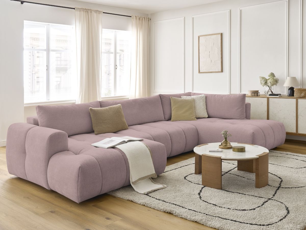 Canapé d'angle panoramique convertible FUJI tissu lisse avec pouf rose  angle gauche BOBOCHIC 5 places
