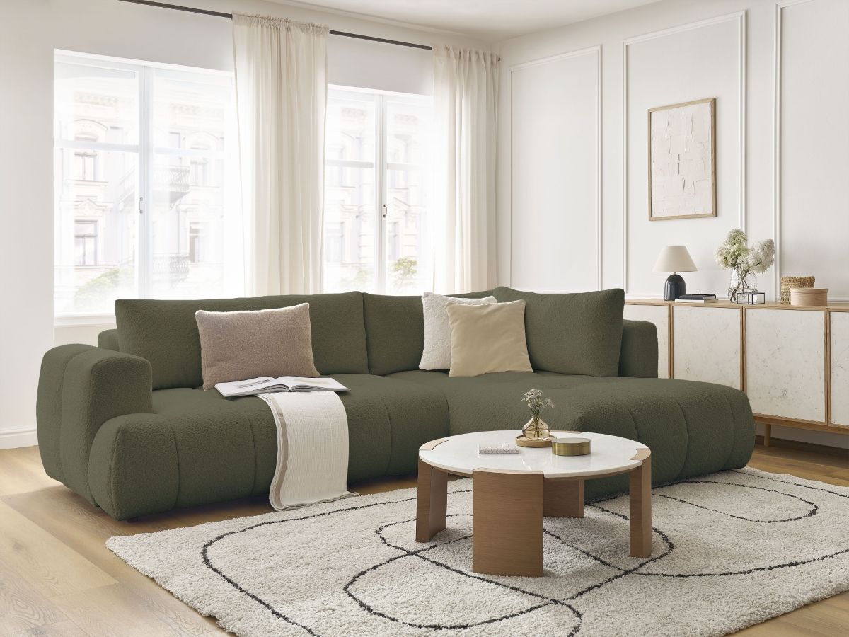 Canapé d'angle L convertible FUJI tissu bouclette avec pouf vert  angle droit BOBOCHIC 4 places