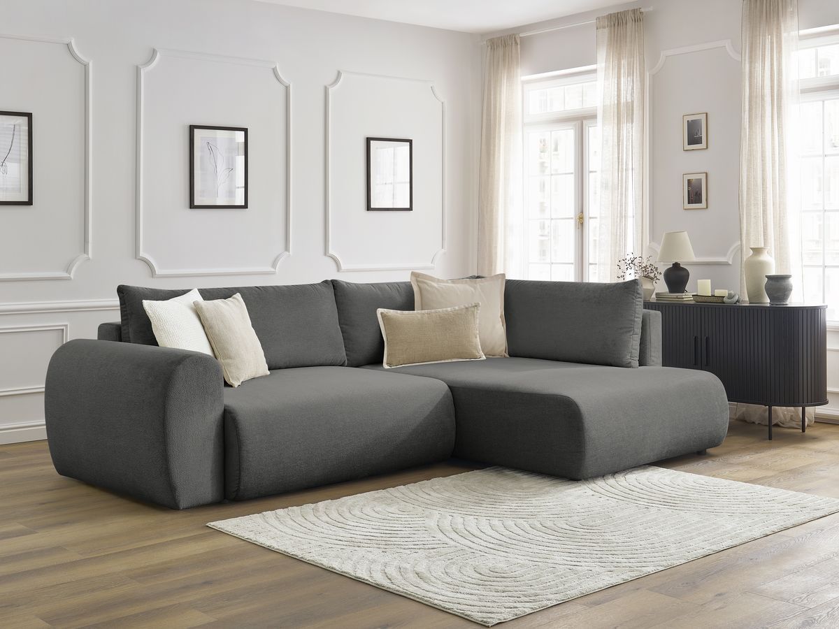 Canapé d'angle L convertible coffre LUCIEN tissu lisse gris foncé  angle droit BOBOCHIC 3 places