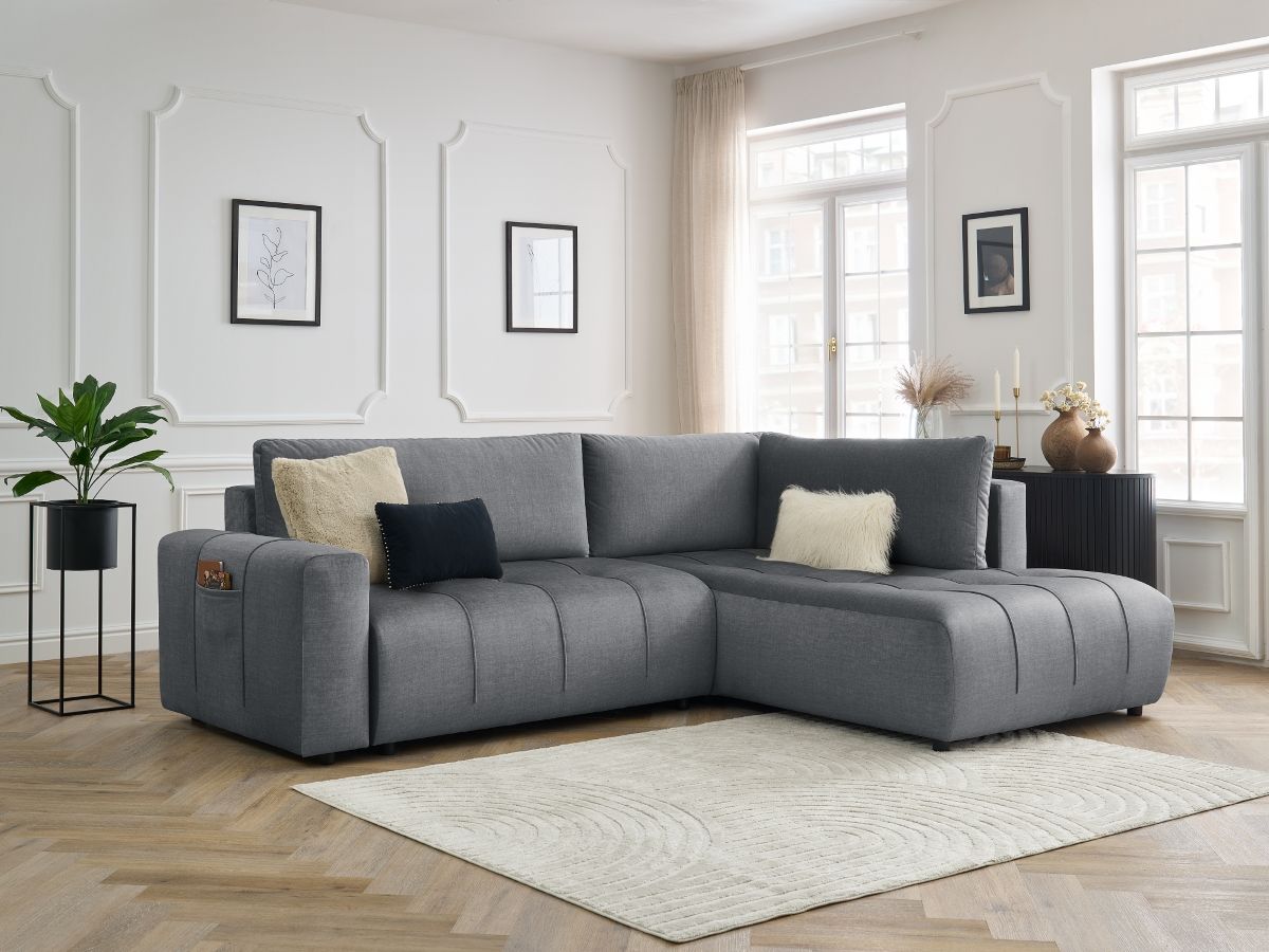 Canapé d'angle L convertible coffre ARSENE tissu velours gris foncé  angle droit BOBOCHIC 3 places