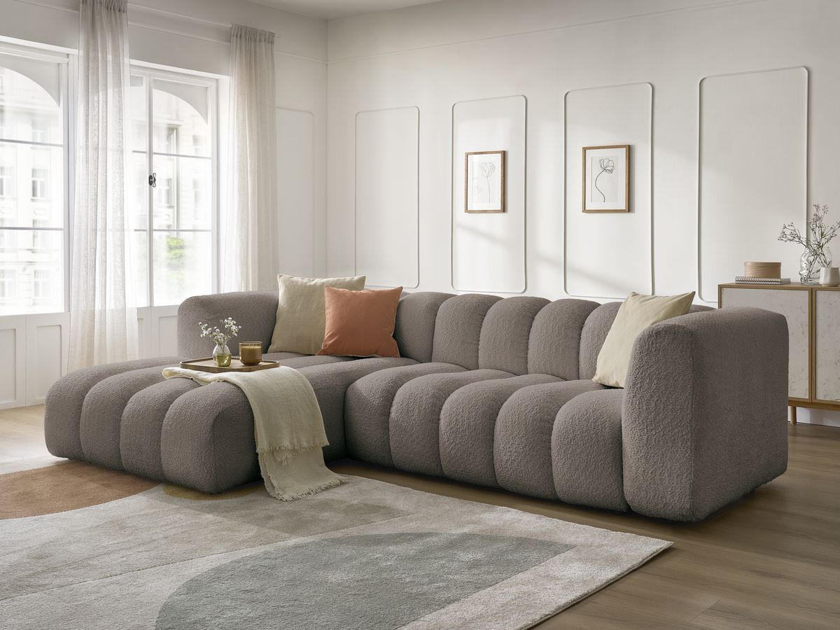 Canapé d'angle fixe TALIA tissu bouclette marron  angle gauche BOBOCHIC 4 places