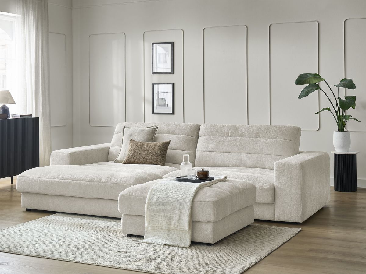 Canapé d'angle fixe SIERRA tissu texturé avec pouf beige  angle gauche BOBOCHIC 4 places