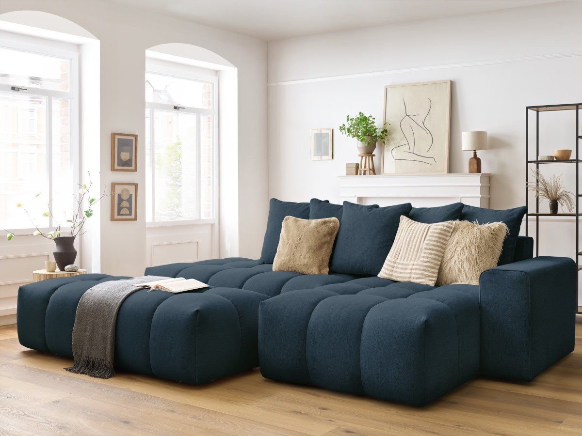 Canapé d'angle fixe MONT-BLANC tissu avec pouf bleu foncé  angle droit BOBOCHIC 4 places