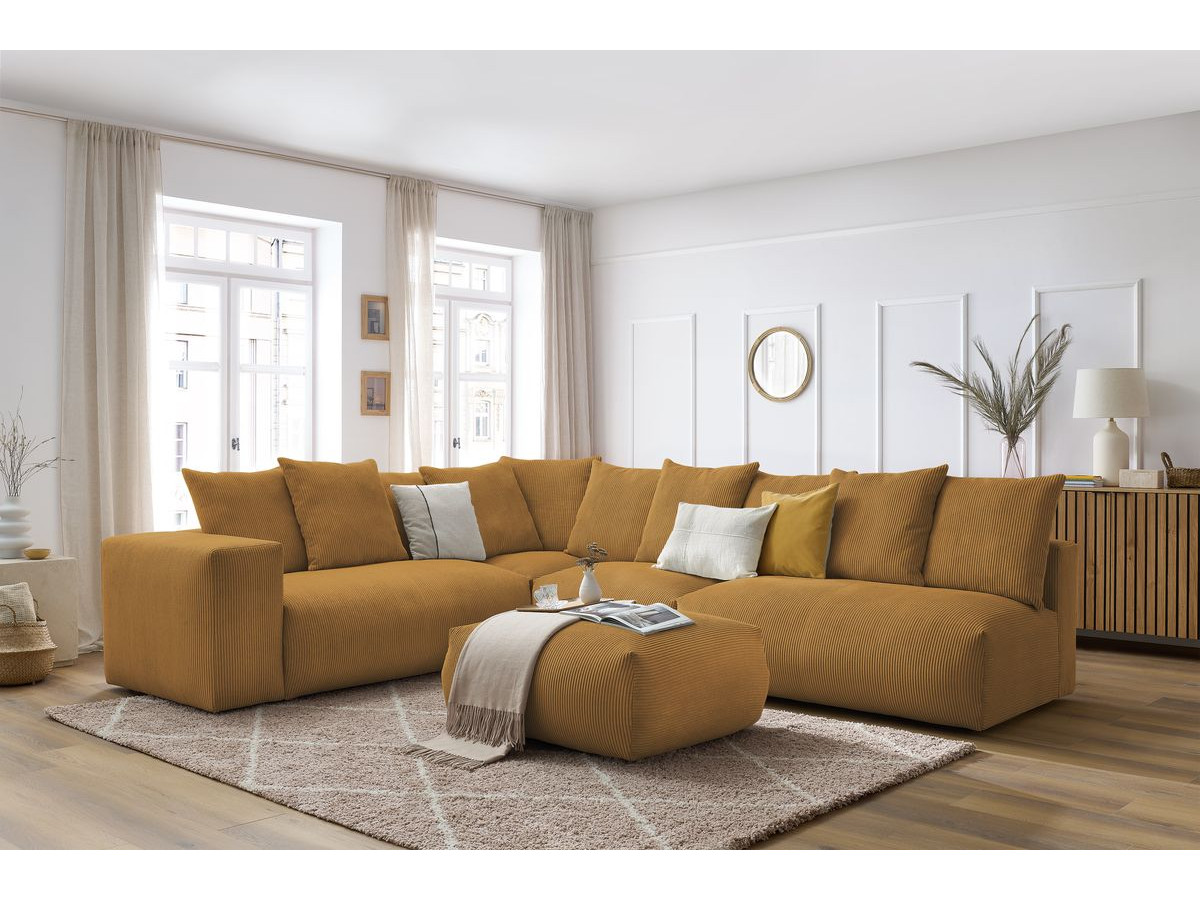 Canapé d'angle fixe modulable VOLTAIRE avec 2 chauffeuses 2 places, 1 angle, 1 chauffeuse 1 place et 1 pouf jaune  angle gauche BOBOCHIC 7 places